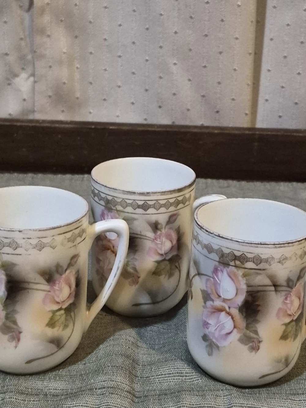 3 Antique Leuchtenburg Germany Porcelain Cups Pink Roses Gold Gilt C. 1900